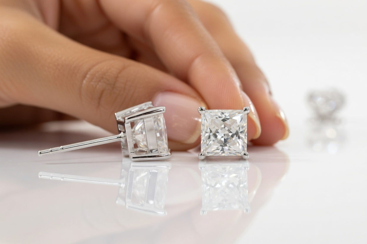 1 carat each - 2ct.tw lab grown diamond princess cut studs in white gold, tension backings - Quorri