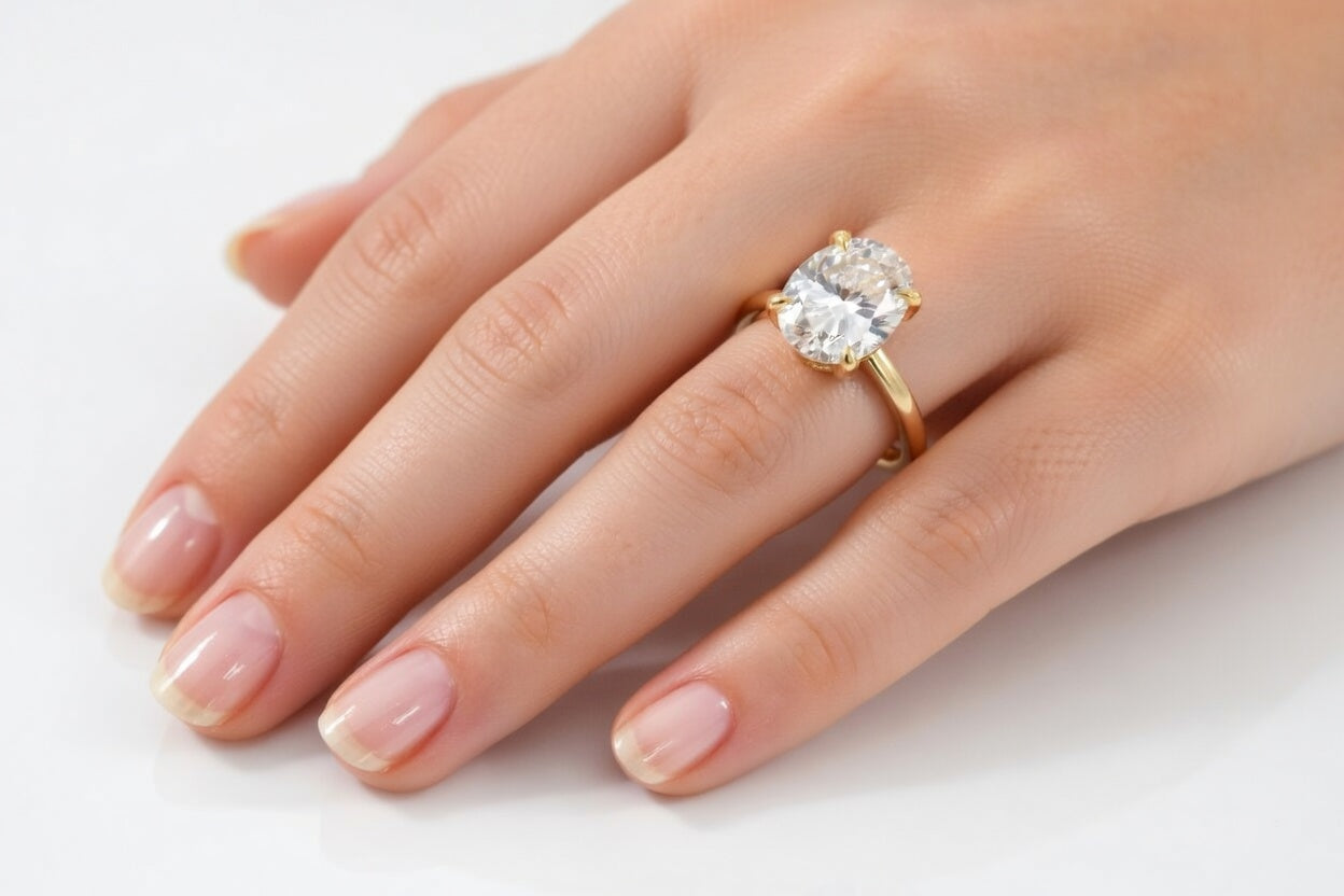 lab grown oval diamond on yellow gold solitaire ring by Quorri