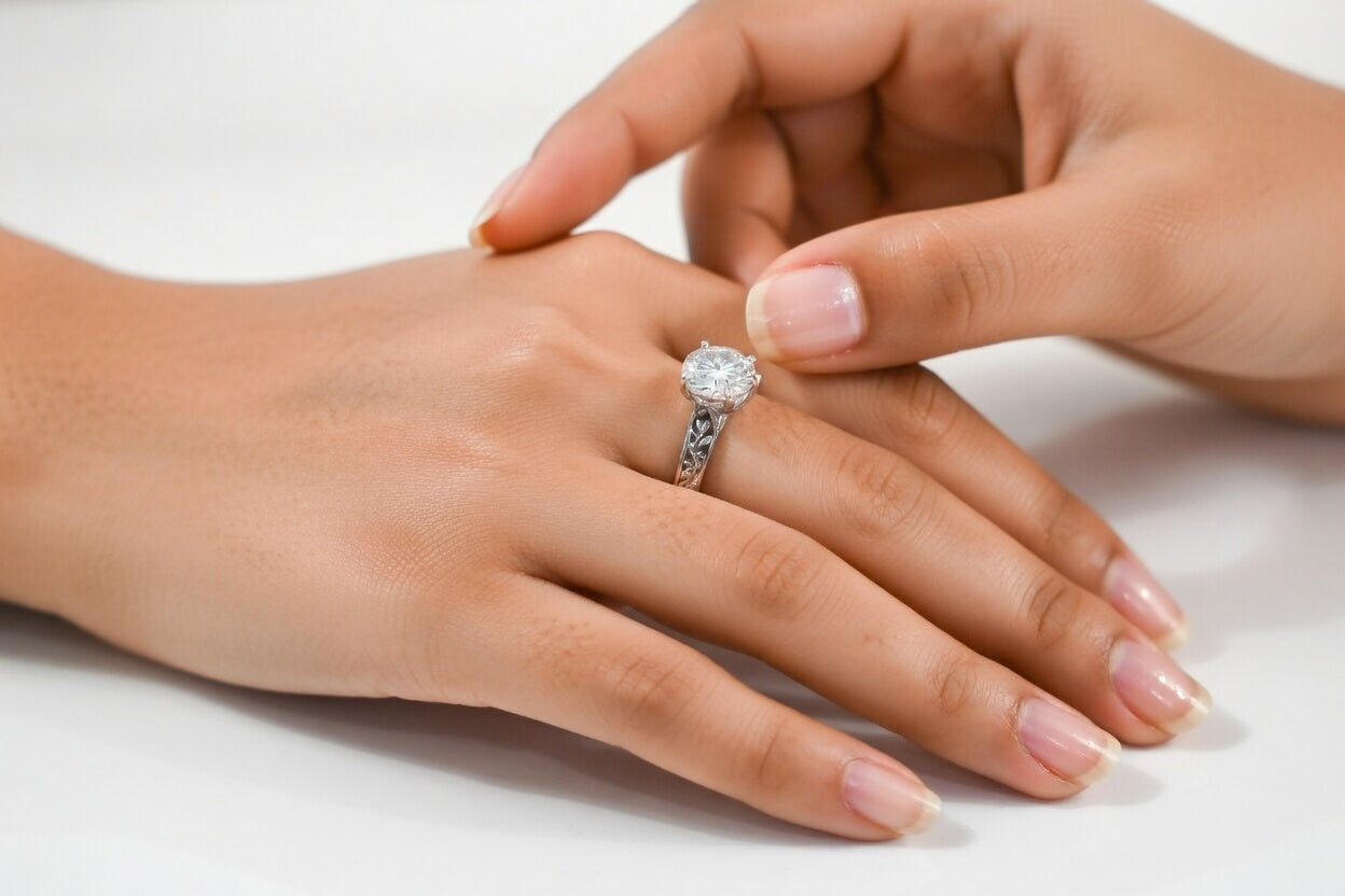 rose motif round lab diamond engagement ring in white gold at Quorri