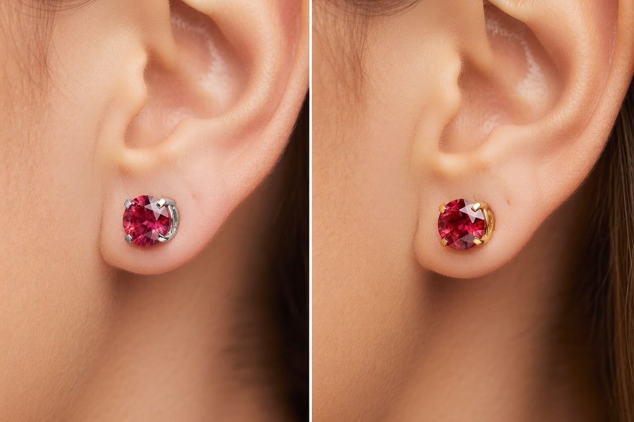 1ct each - 2 ct.tw lab grown ruby studs in white and yellow gold Quorri