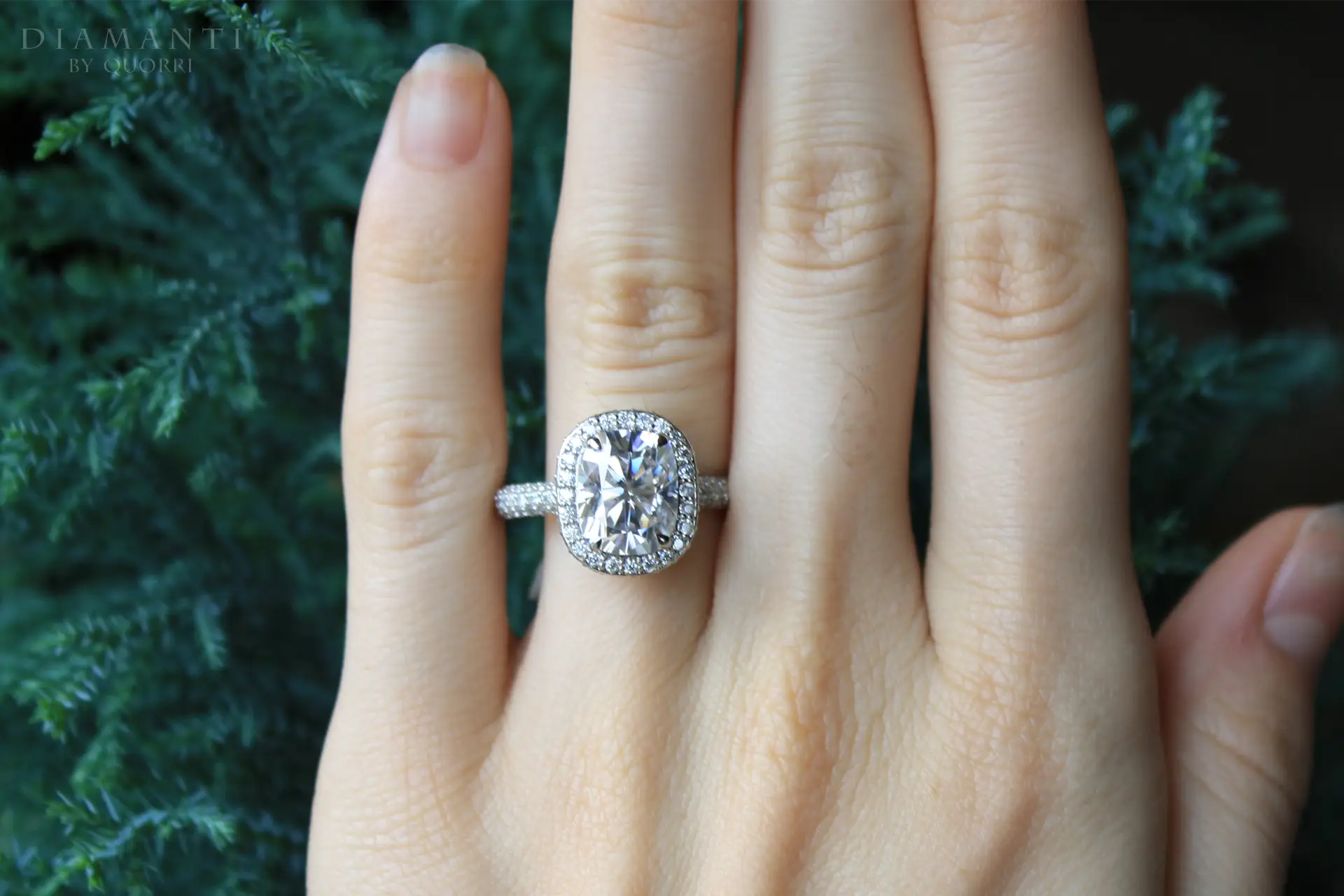 5 carat 14k white gold designer elongated cushion halo lab created diamond engagement ring Quorri