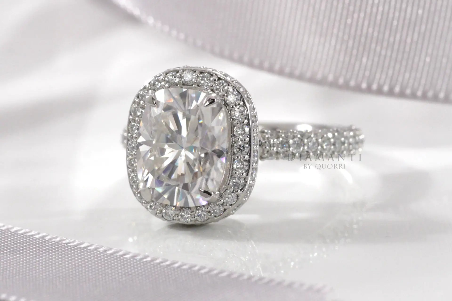 18k white gold designer 2.5 carat elongated cushion halo lab diamond engagement ring Quorri