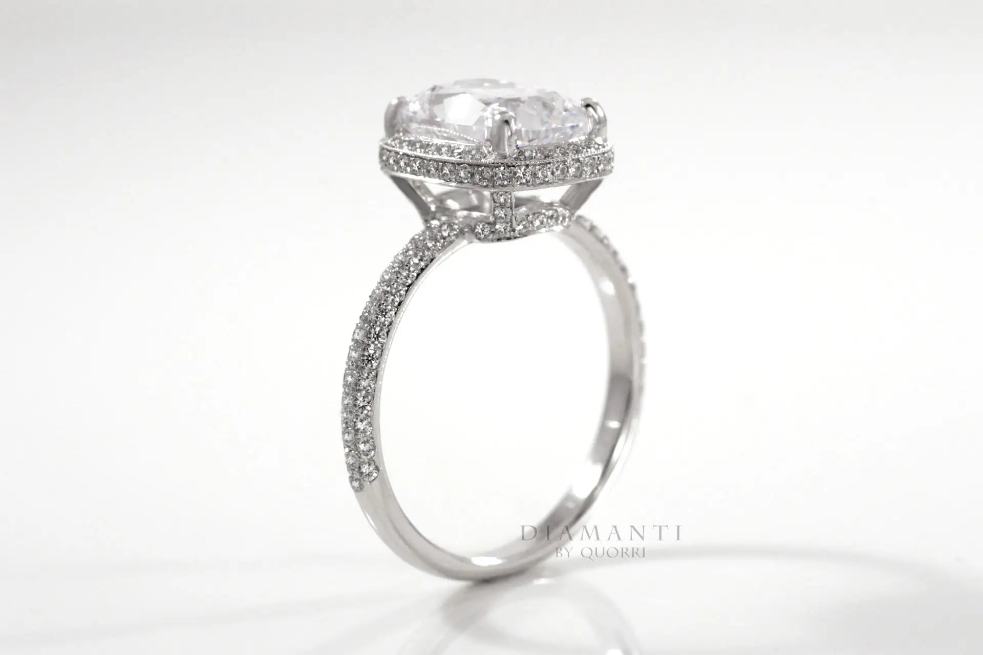 platinum designer elongated cushion halo lab diamond engagement ring Quorri