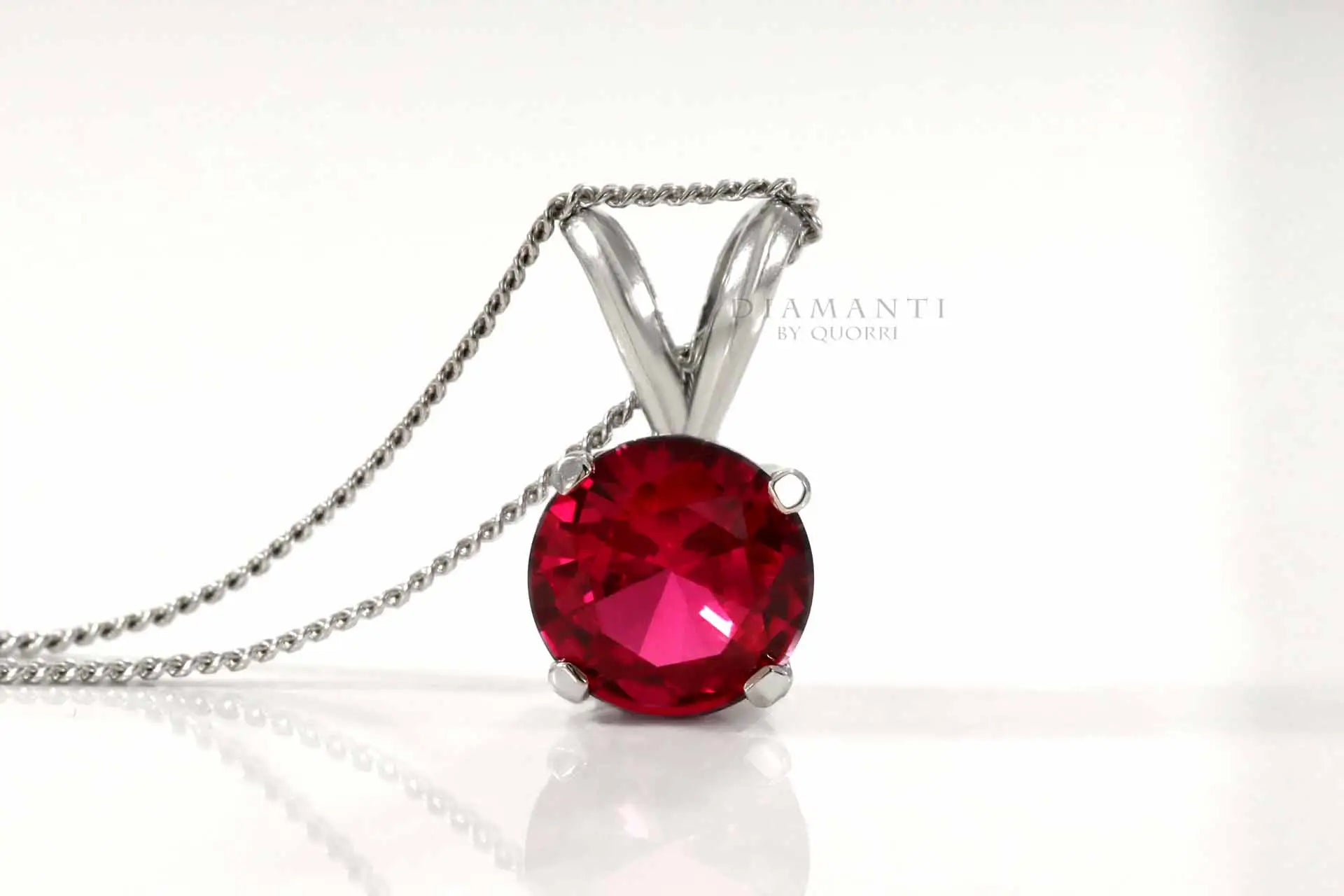 18k white gold lab grown blood red ruby solitare necklace pendant Quorri Canada