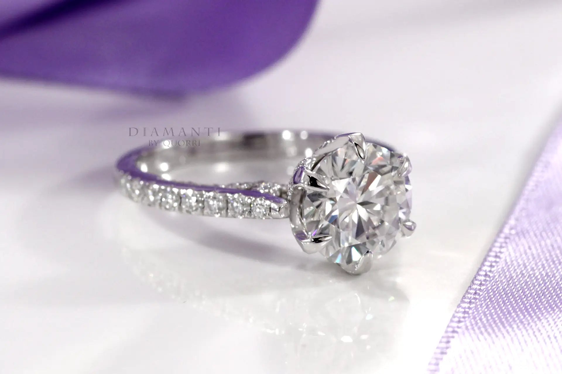 vintage six claw 18k white gold prong 4 carat round lab grown diamond engagement ring Quorri