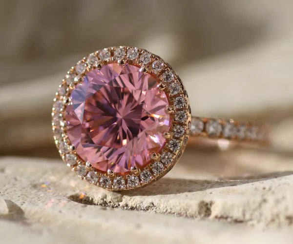 rose gold 4ct pink lab diamond and sapphire accented engagement ring