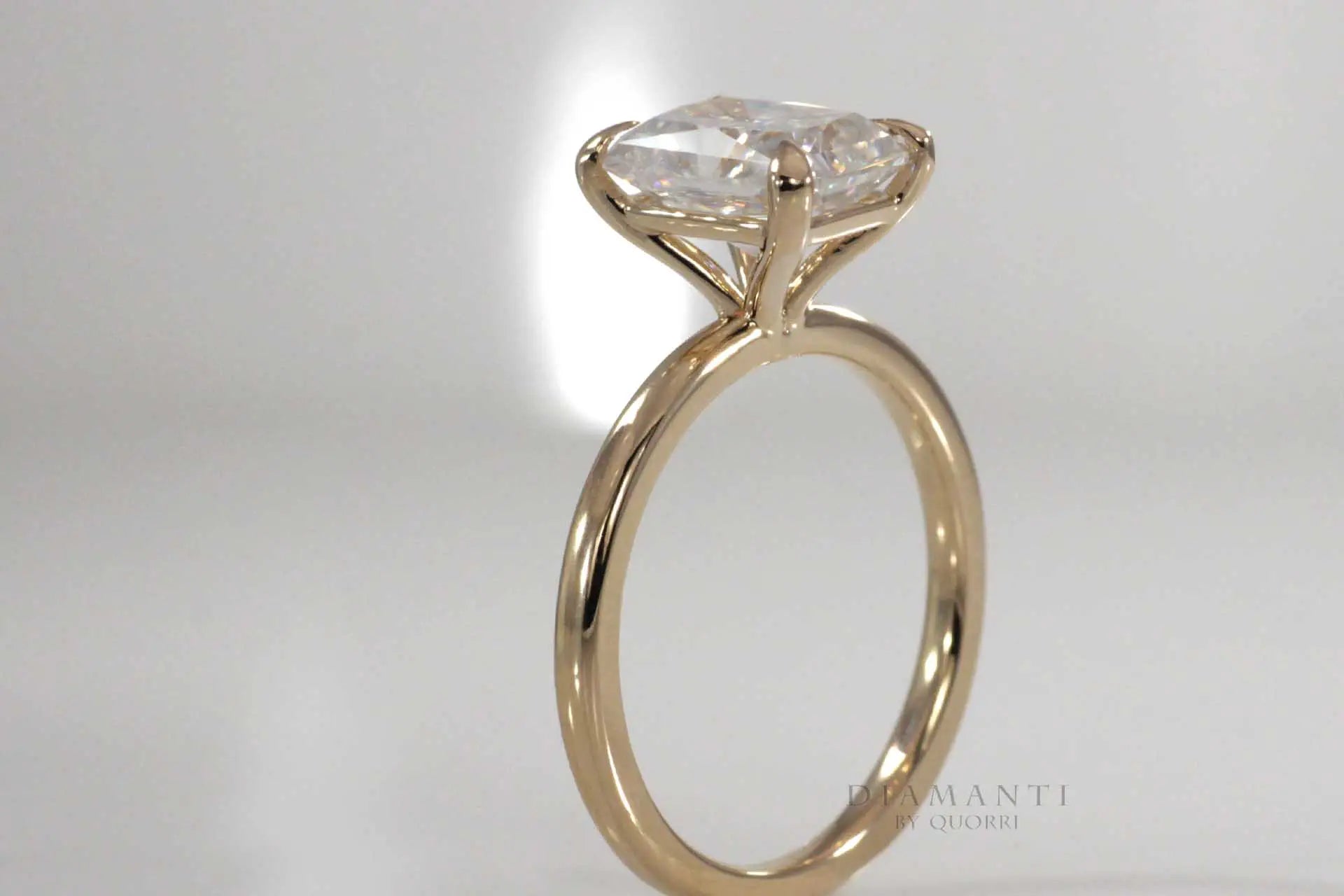 affordable claw prong yellow gold radiant lab diamond engagement ring Quorri