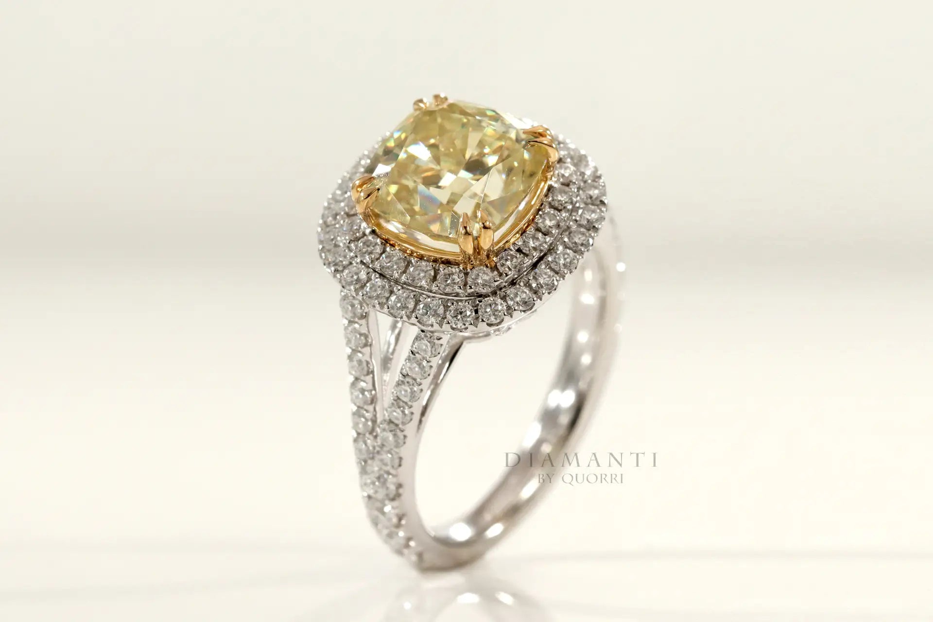 designer double halo dual claw two-tone gold cushion cut yellow Sapphire engagement ring