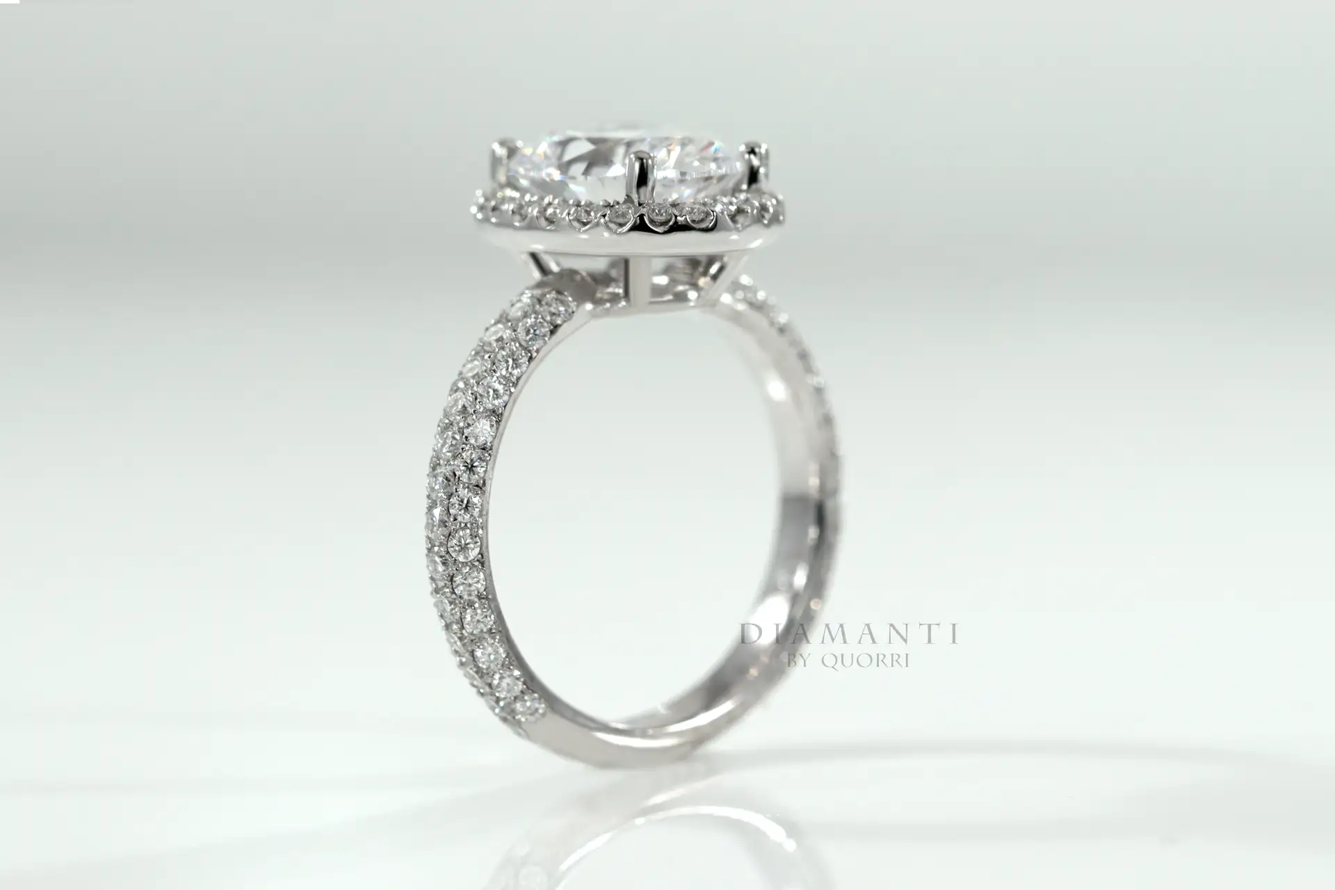 designer three-sided accented band 2 carat oval halo lab diamond engagement ring Quorri Canada