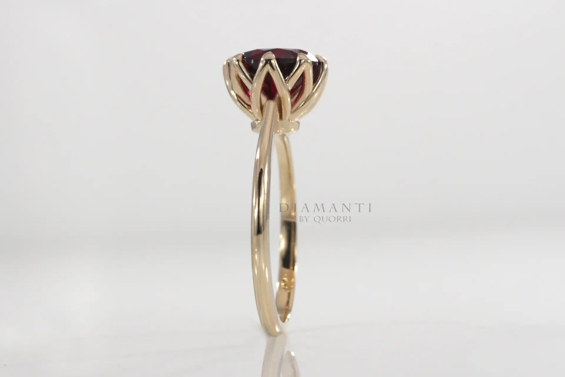 designer vintage 18k yellow gold eight prong 3 carat lab grown ruby engagement ring Quorri Canada
