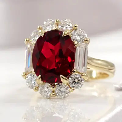 18k yellow gold 5ct blood red oval ruby multi-claw prong lab diamond accented ring