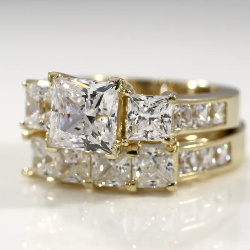 radiant and princess lab diamond wedding ring and matching band set