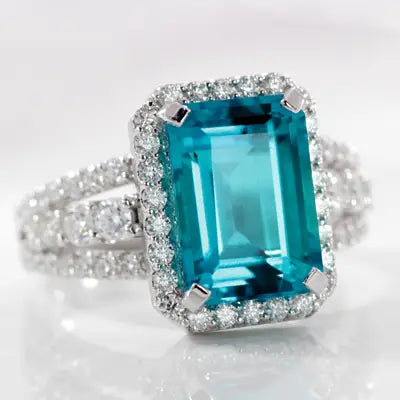 white gold split band blue emerald halo lab diamond engagement ring Quorri