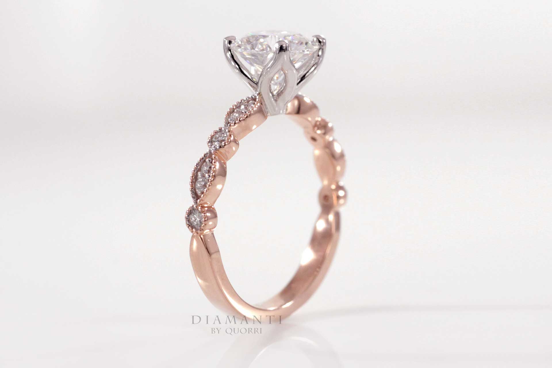 designer two-tone 14k rose gold millgrain round lab diamond engagement ring
