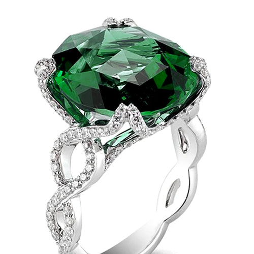 4 carat emerald green round ring with diamonds at Quorri