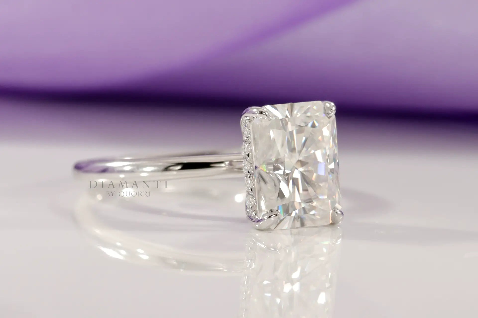platinum 2ct radiant cut under-halo lab grown diamond engagement ring