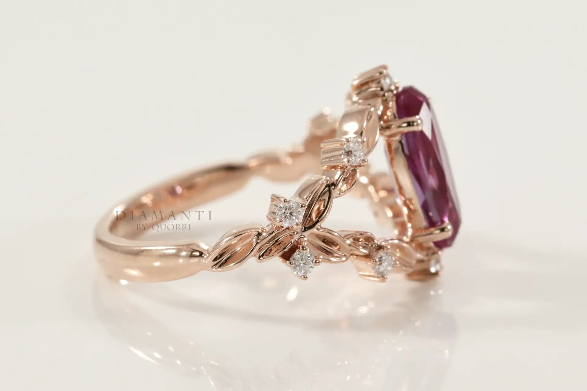 designer vintage rose gold 3 carat lab grown purple teal alexandrite engagement ring Quorri Canada