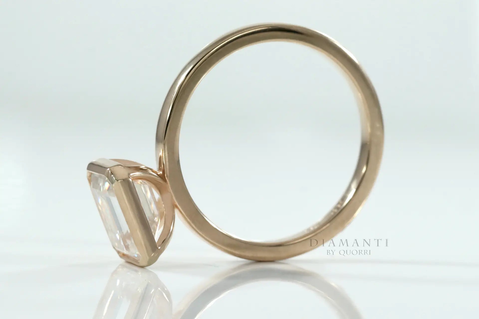 full bezel lab diamond emerald cut 18k yellow gold  engagement ring Quorri