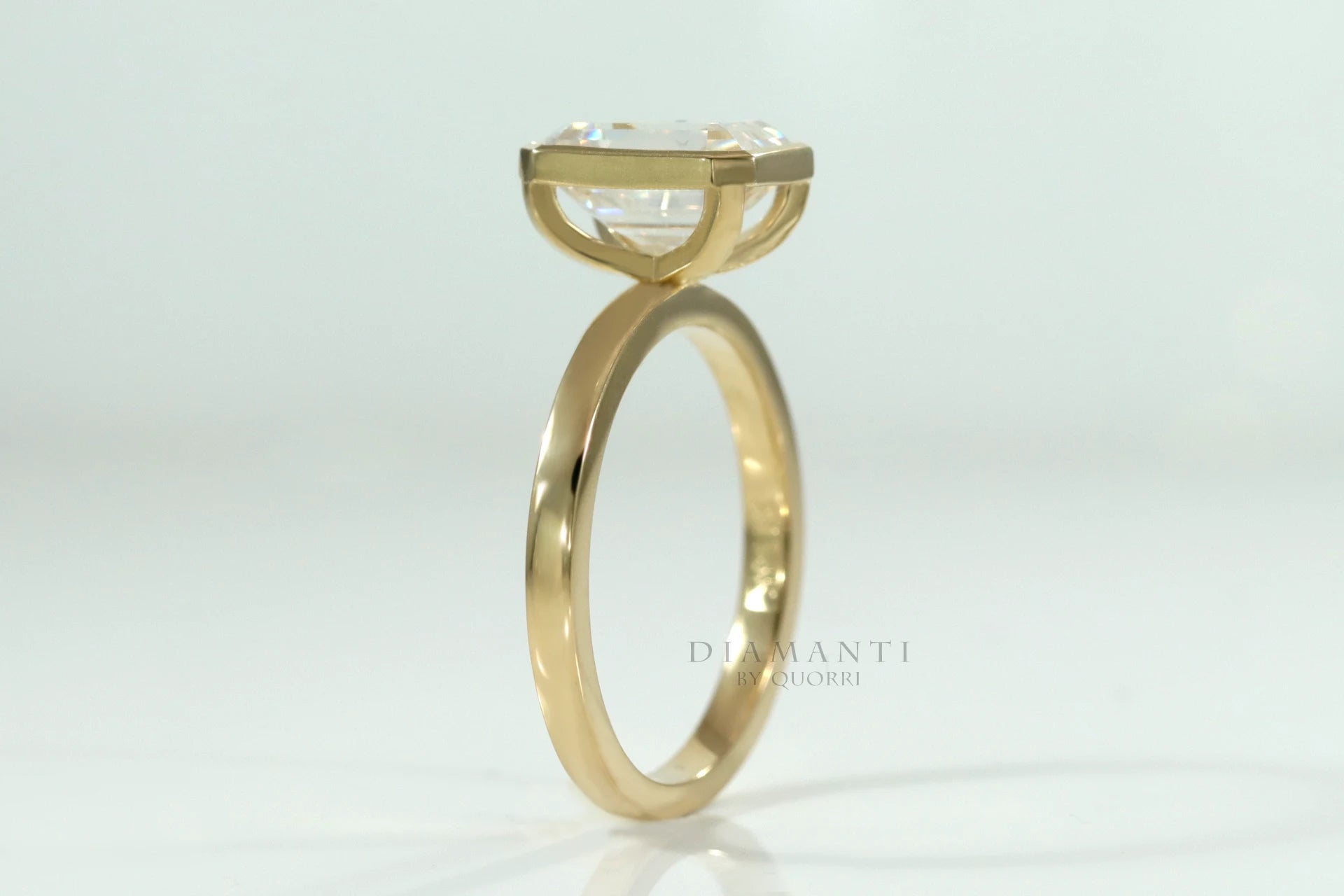 18k yellow gold full bezel emerald cut lab diamond engagement ring Quorri Canada