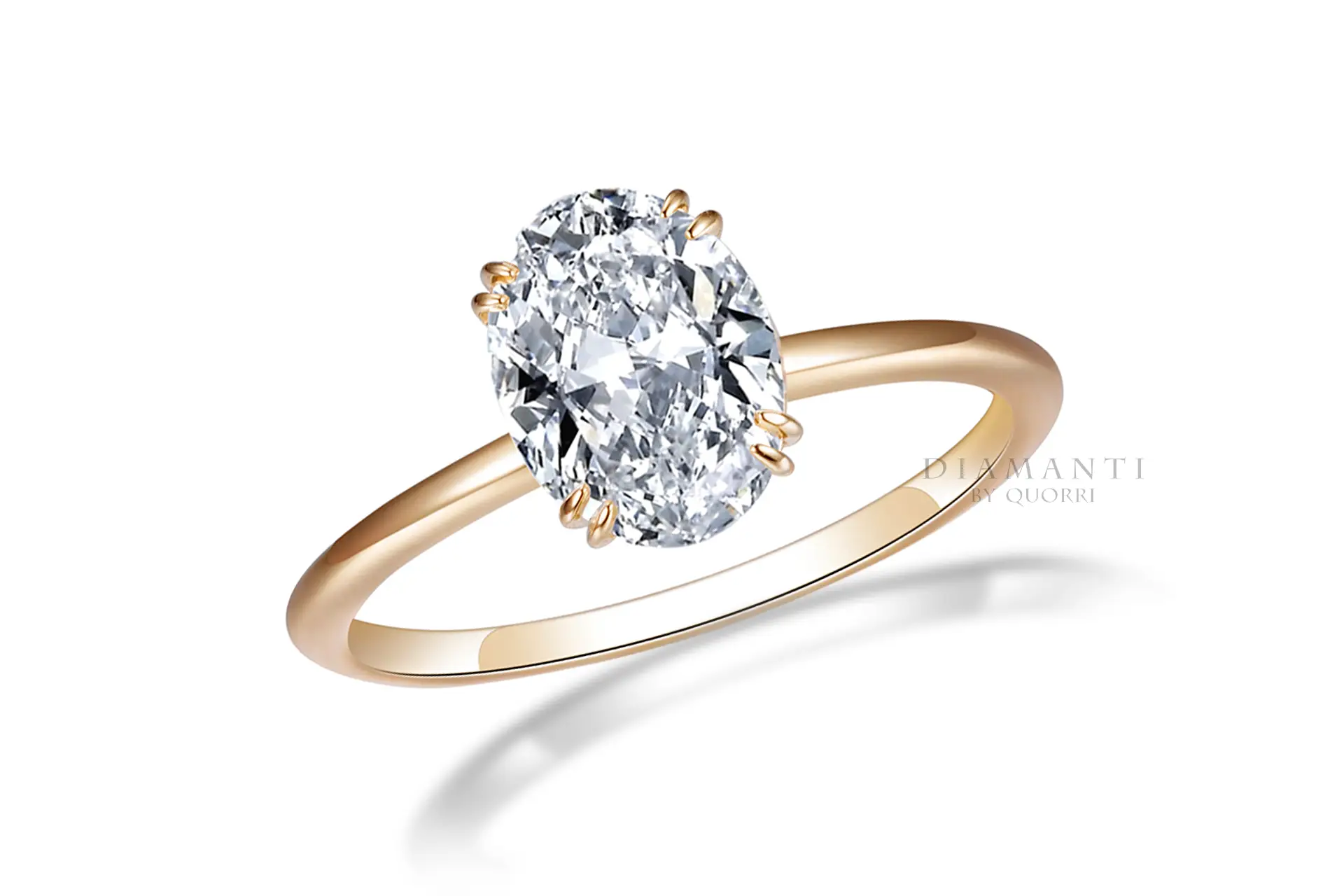 petite yellow gold dual claw oval lab diamond engagement ring Quorri 