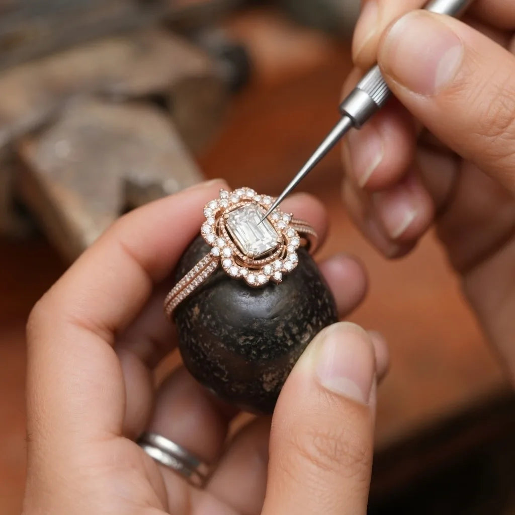 Master jeweler handcrafting a custom lab diamond engagement ring at Quorri — Canada