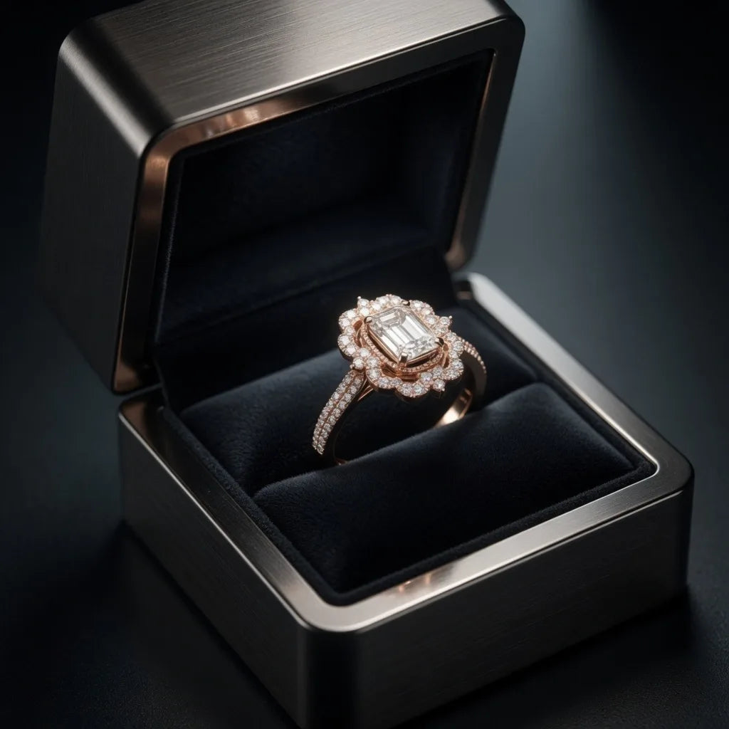 Finished custom engagement ring elegantly packaged and ready to ship anywhere in Canada — Quorri