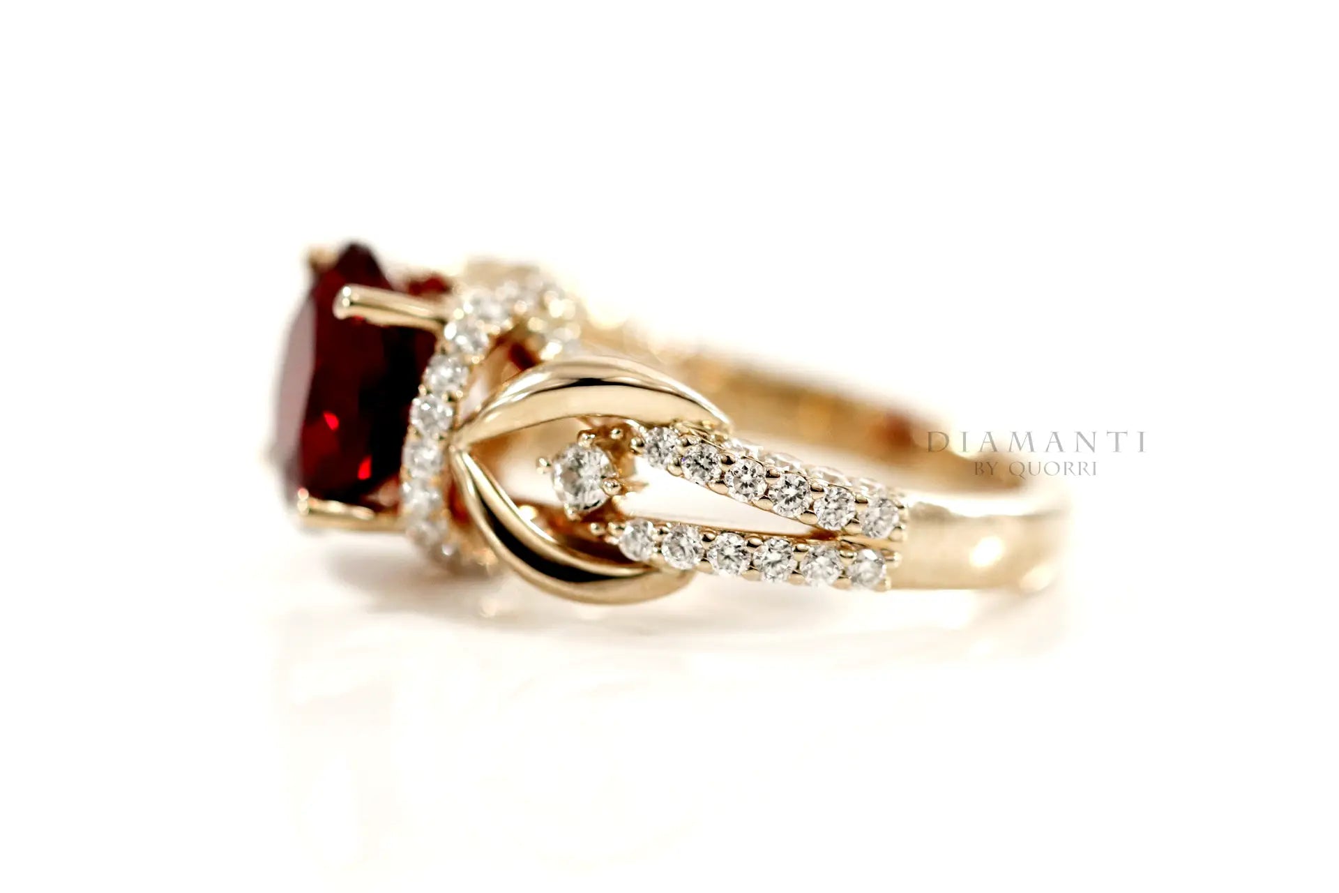 designer 18k yellow gold vintage 3 carat ruby gemstone diamond accented engagement ring Quorri
