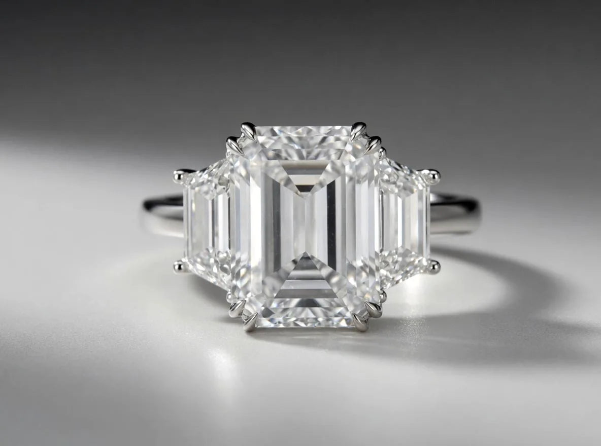 Beatrice designer 6 carat 3-stone emerald lab diamond engagement ring at Quorri Canada