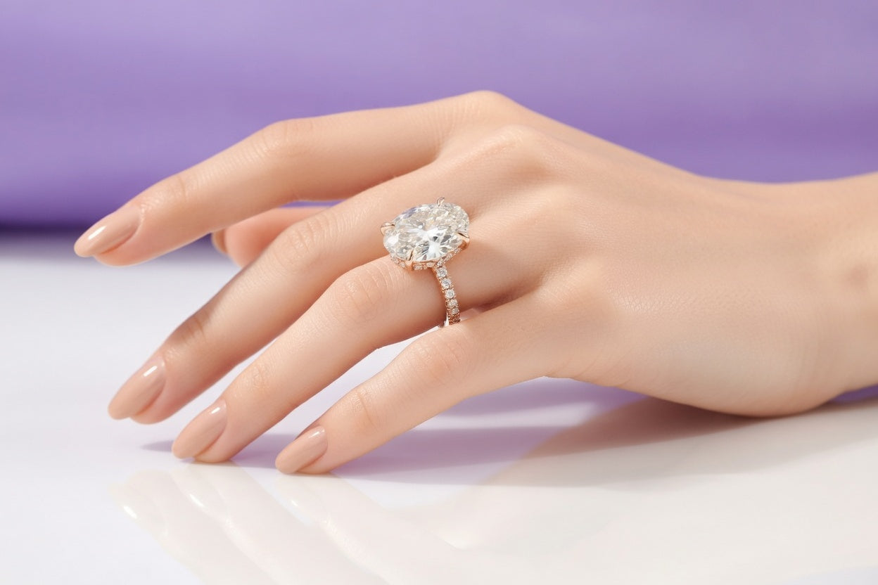 designer oval lab grown diamond ring with under-halo and accented band yellow gold - Quorri