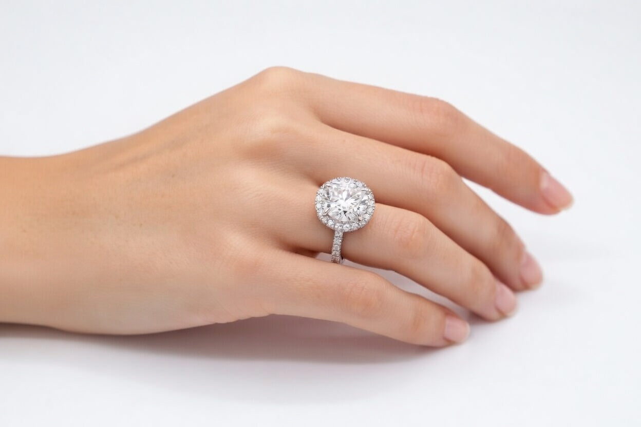 designer round lab diamond halo engagement ring with accented band white gold - Quorri