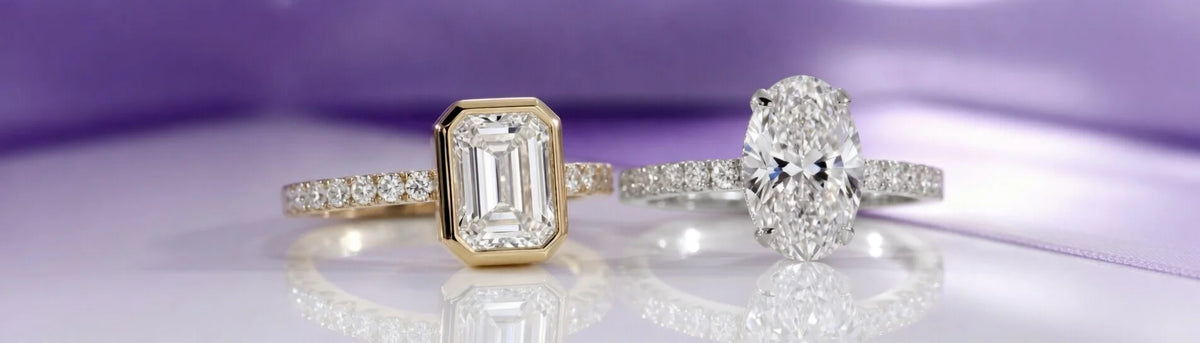 Emerald‑cut and oval lab diamond engagement rings in yellow gold and platinum by Quorri