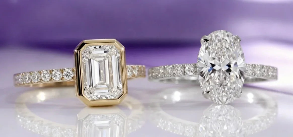 emerald lab diamond in yellow gold with oval diamond solitaire in white gold