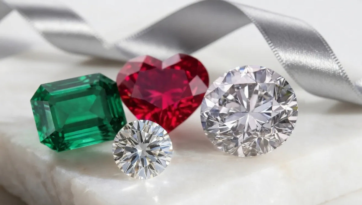 green emerald, red ruby heart and lab diamond rounds Quorri