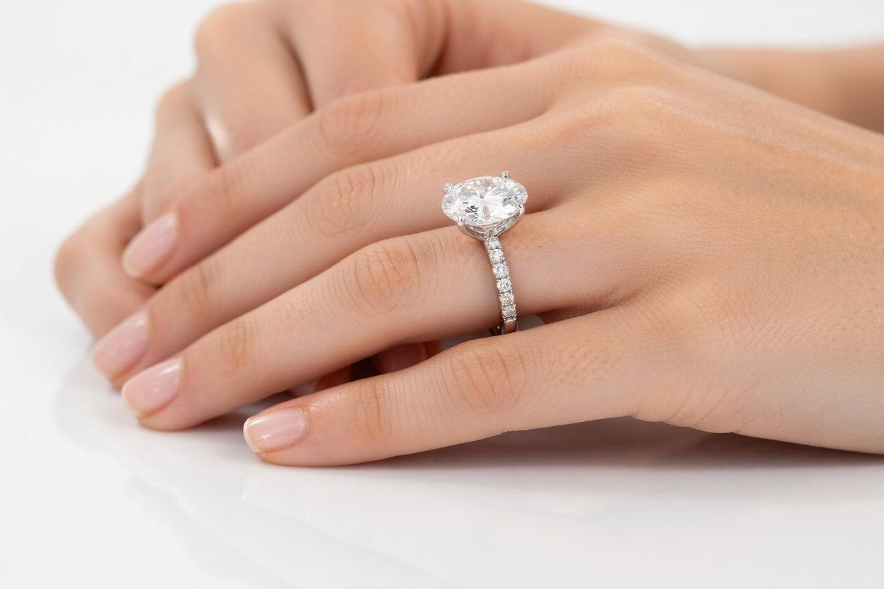 3 carat round lab diamond under-halo accented engagement ring white gold - Quorri