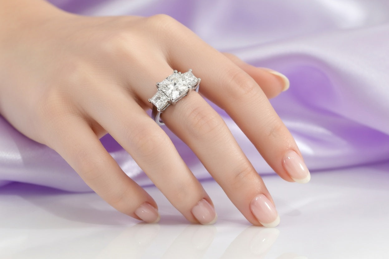 3 carat princess lab diamond three stone engagement ring 18k white gold - Quorri