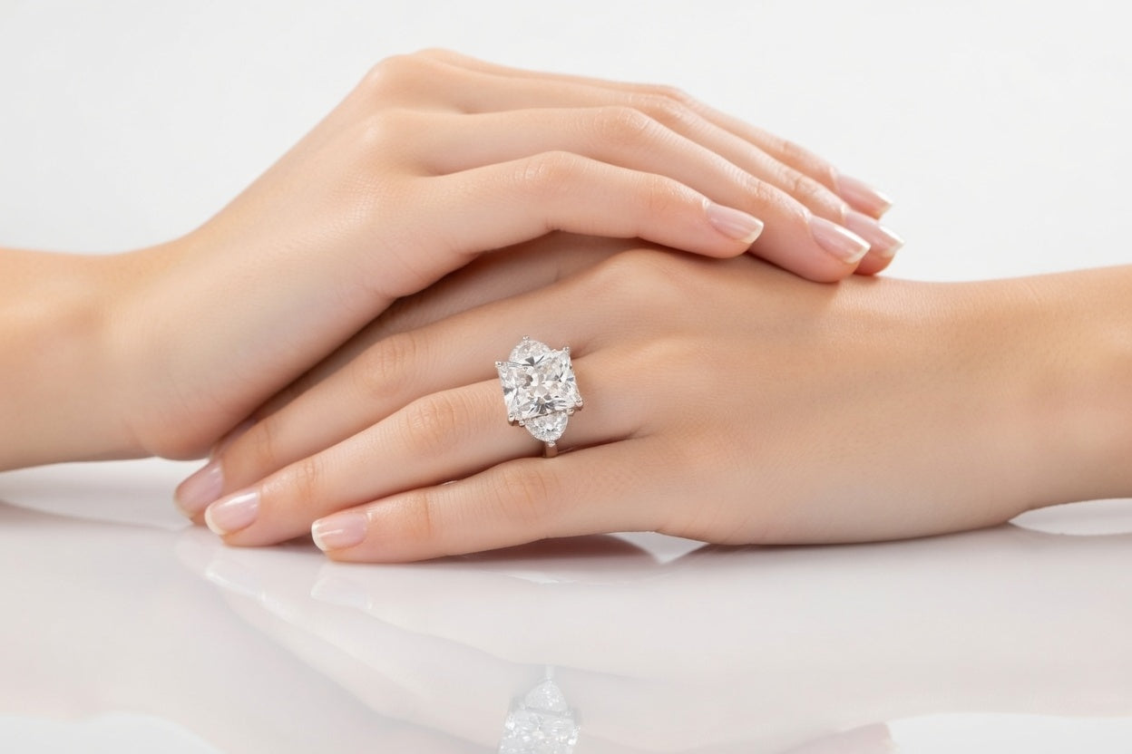 square radiant and half moon lab diamond threes tone ring yellow gold.