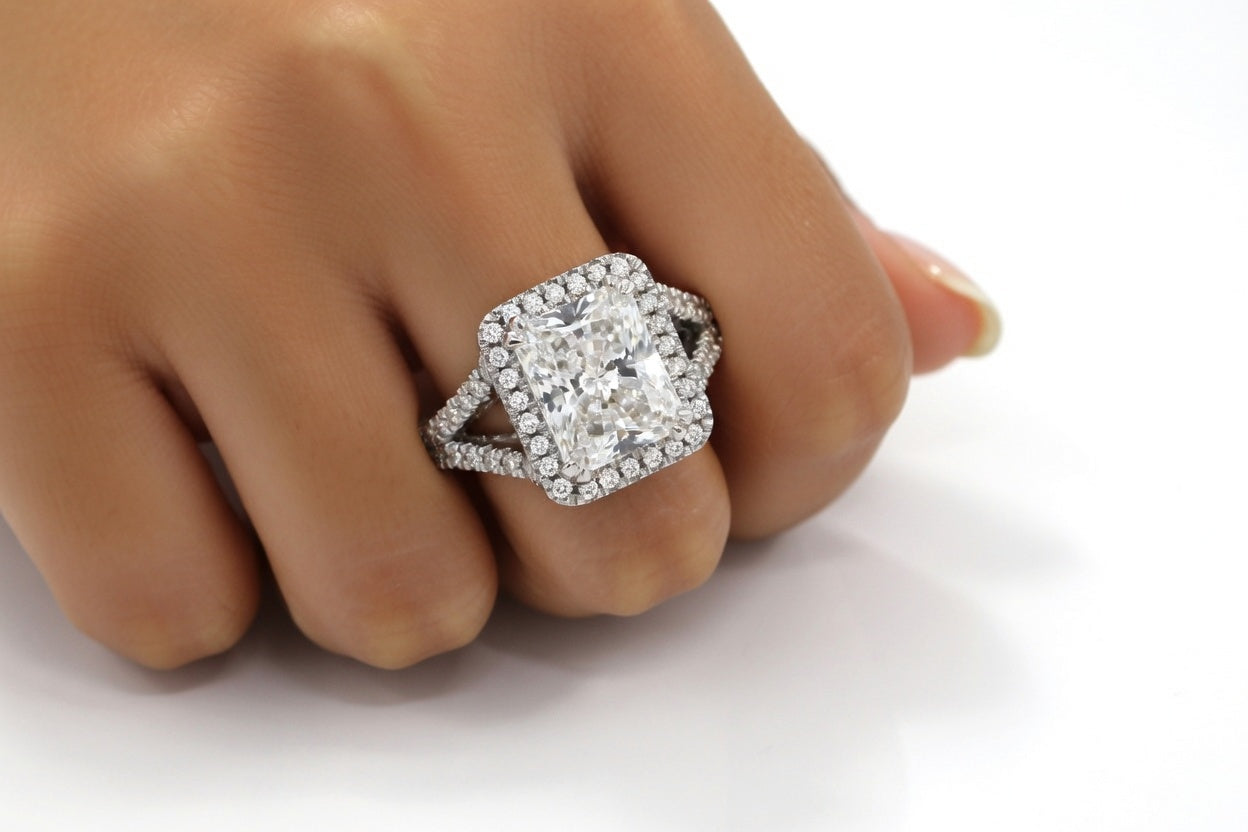 3 carat radiant lab diamond ring with halo and split accented band white gold - Quorri
