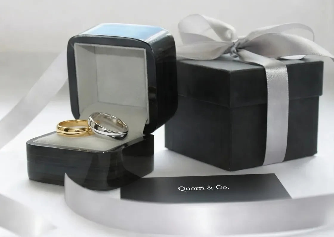yellow gold and white gold men's and women's wedding bands in deluxe packaging - Quorri