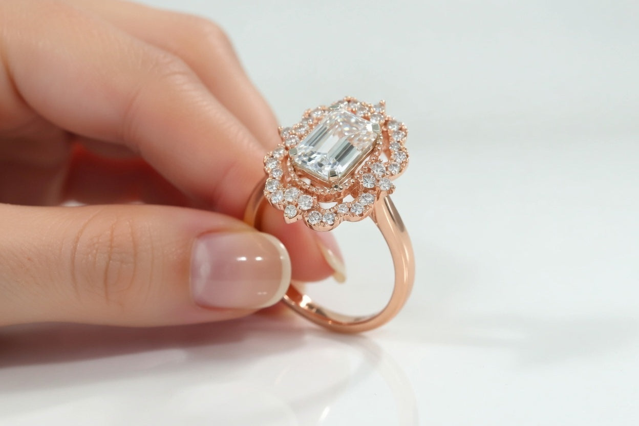 3 carat vintage antique accented halo engagement ring with emerald lab grown diamond in rose gold - Quorri