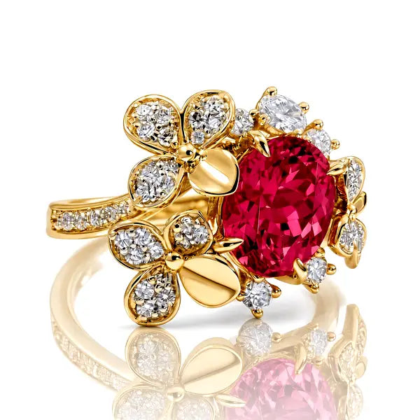 designer lab diamond and red ruby floral ring at Quorri