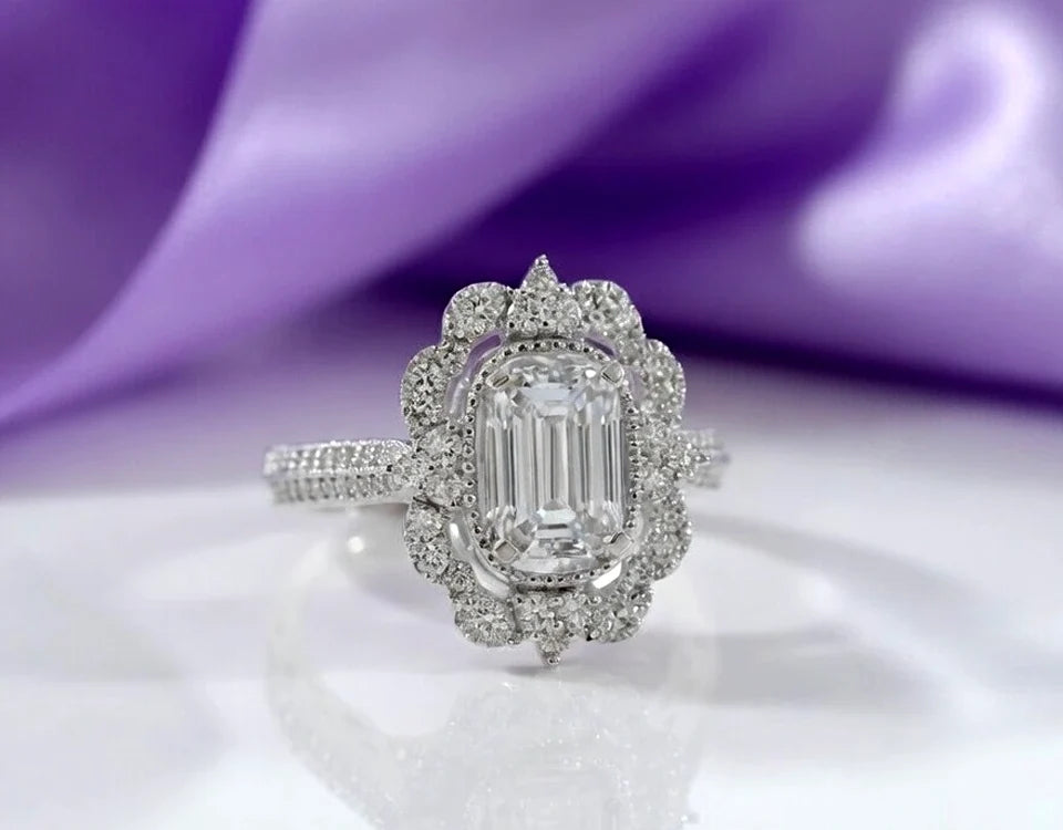 Vintage-inspired lab diamond engagement ring with filigree