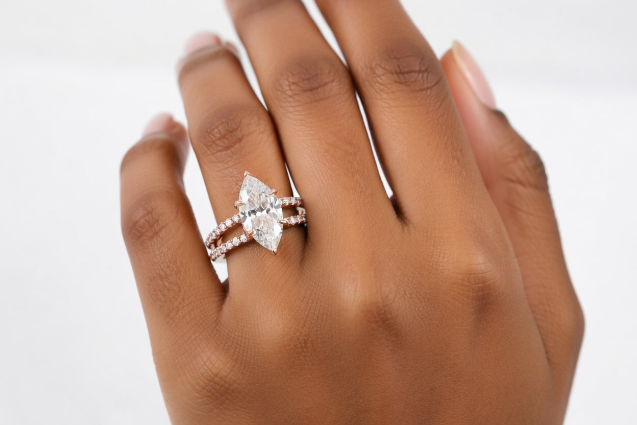 2 carat marquise lab diamond engagement ring with split accent band in rose gold - Quorri
