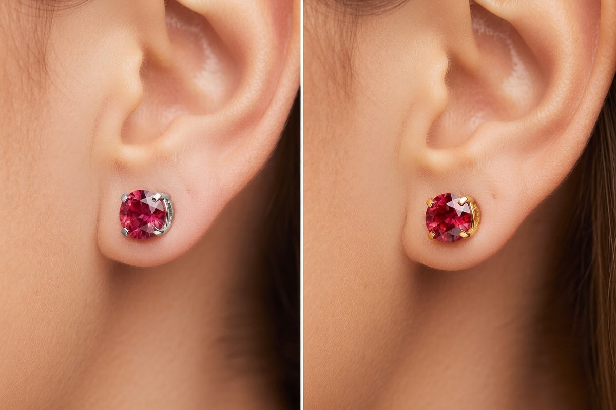 1ct each - 2 ct.tw lab grown ruby studs in white and yellow gold Quorri