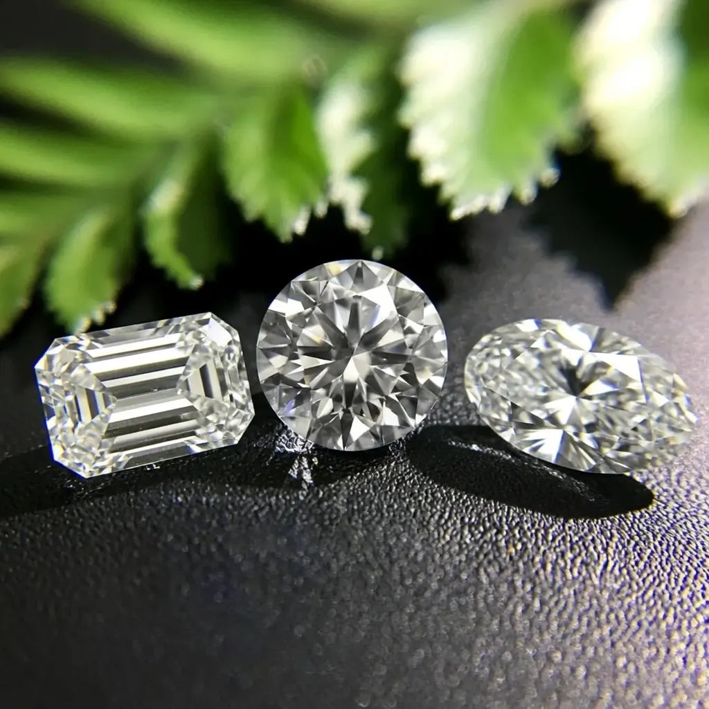 Close‑up thumbnail of Pure® lab‑grown diamonds and Luxe® and Aterna® moissanite gemstones sparkling under studio light