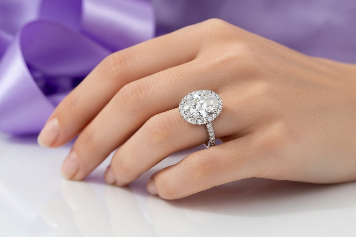 designer 3 carat oval halo accented lab grown diamond engagement ring white gold - Quorri