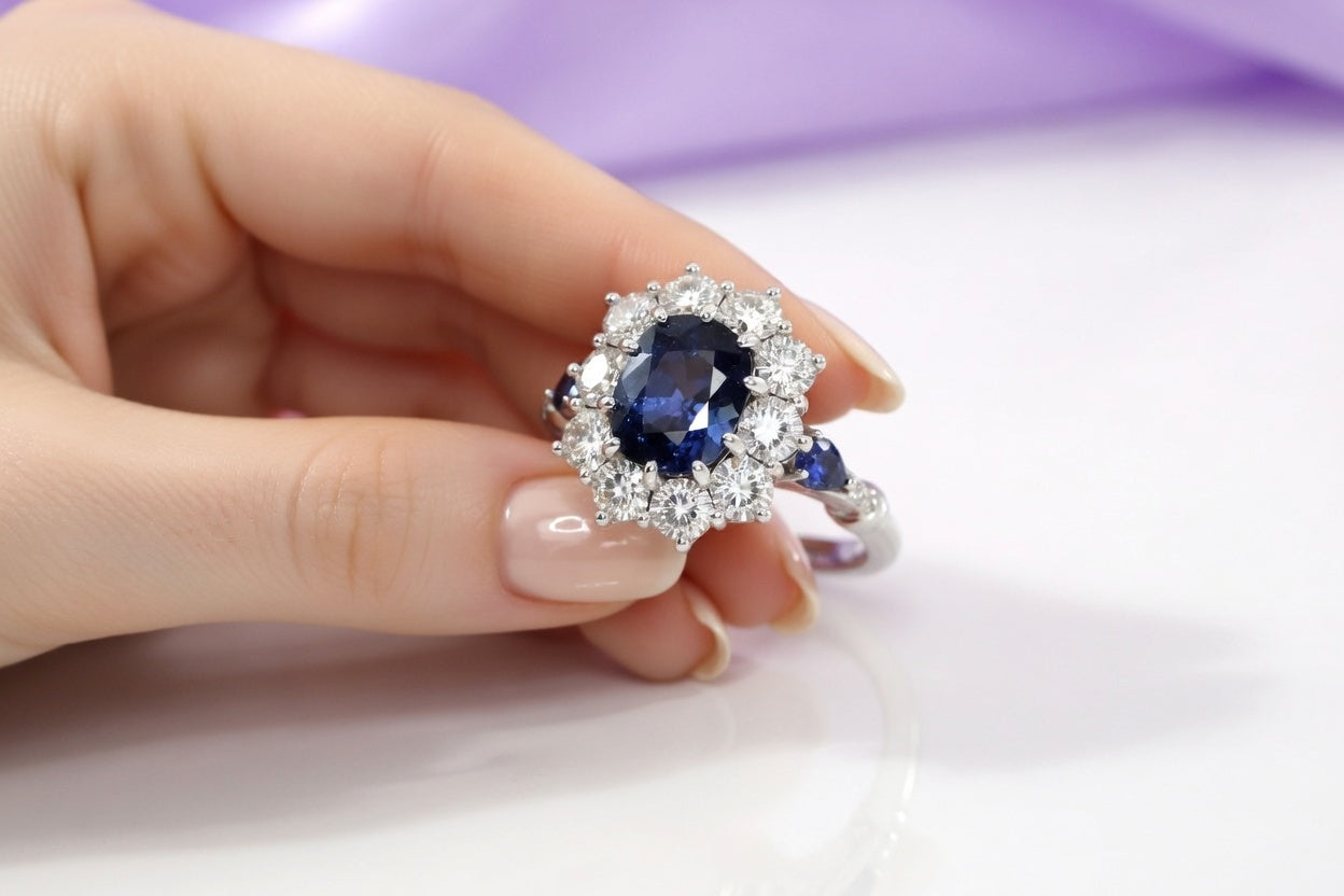 designer 3 carat lab grown blue sapphire oval with round lab grown diamond halo and alternating sapphire and diamond band in white gold - Quorri