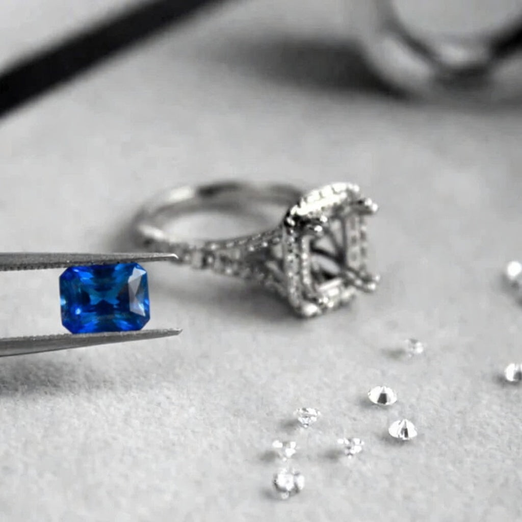 blue lab grown radiant cut sapphire in gold setting at Quorri