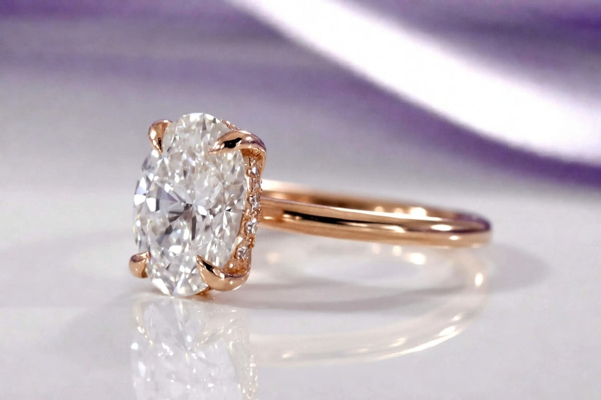 3 carat lab diamond over solitaire ring with hidden halo in rose gold at Quorri