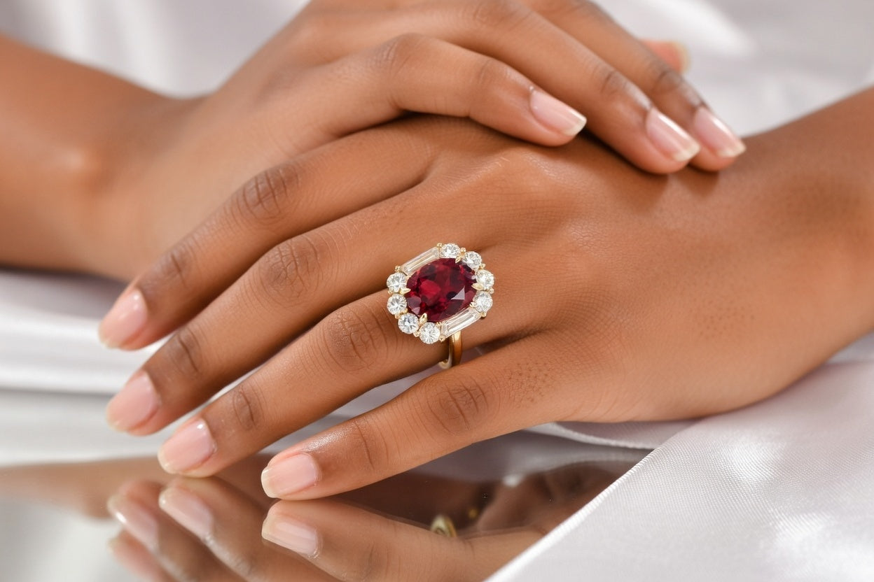 4 carat designer lab grown ruby and lab diamond halo ring in yellow gold  - Quorri