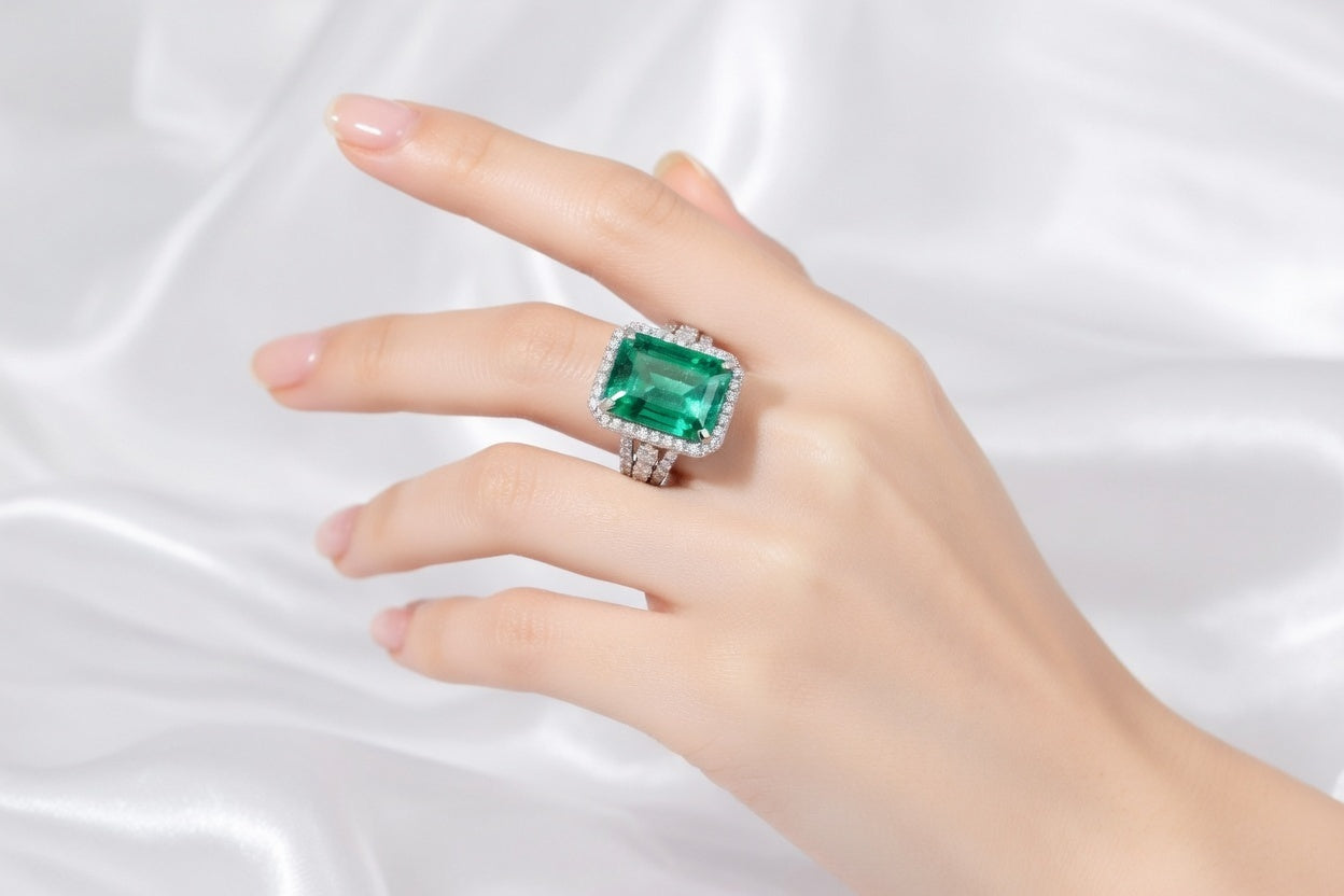 designer 4 carat lab grown green emerald - emerald cut with round lab grown diamond halo and round diamond on three row band White Gold - Quorri